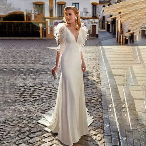 Custom Made Feather Mermaid Elegant V-neck Sleeveless Stain Wedding Dress Vestido De Novia Bridal Gown For Women