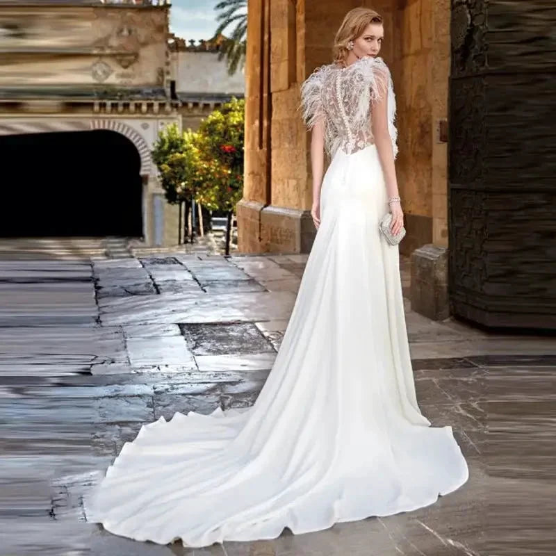 Custom Made Feather Mermaid Elegant V-neck Sleeveless Stain Wedding Dress Vestido De Novia Bridal Gown For Women by payinti