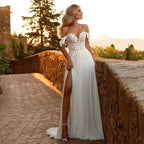 Custom Made Lace Boho Wedding Dresses A Line Off Shoulder Chiffon Beach Sweetheart Bride Dresses Sexy Side Split Wedding Gowns by payinti