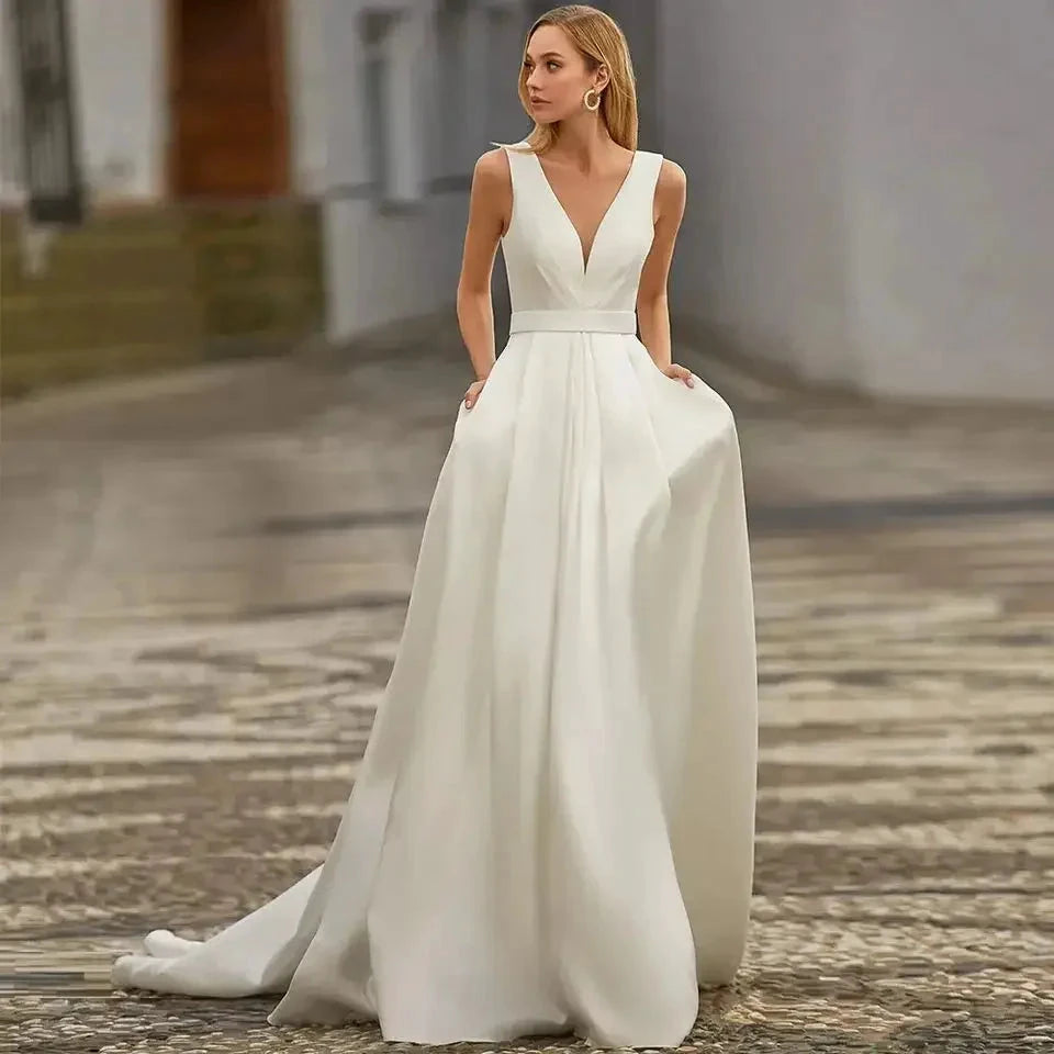 Custom Made Satin Wedding Dresses for Women Beach Boho Bride Gowns Simple Plus Size V-neck Princess Party Dress Pockates by payinti