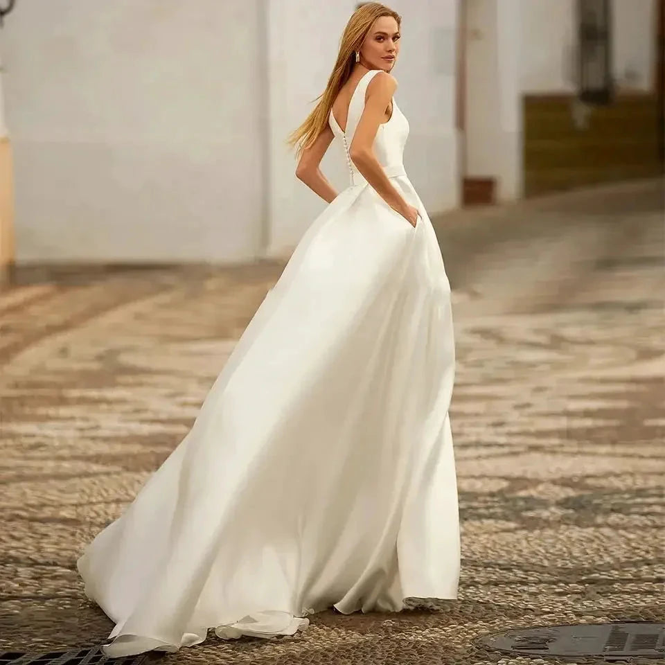 Custom Made Satin Wedding Dresses for Women Beach Boho Bride Gowns Simple Plus Size V-neck Princess Party Dress Pockates by payinti