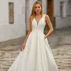 Custom Made Satin Wedding Dresses for Women Beach Boho Bride Gowns Simple Plus Size V-neck Princess Party Dress Pockates by payinti