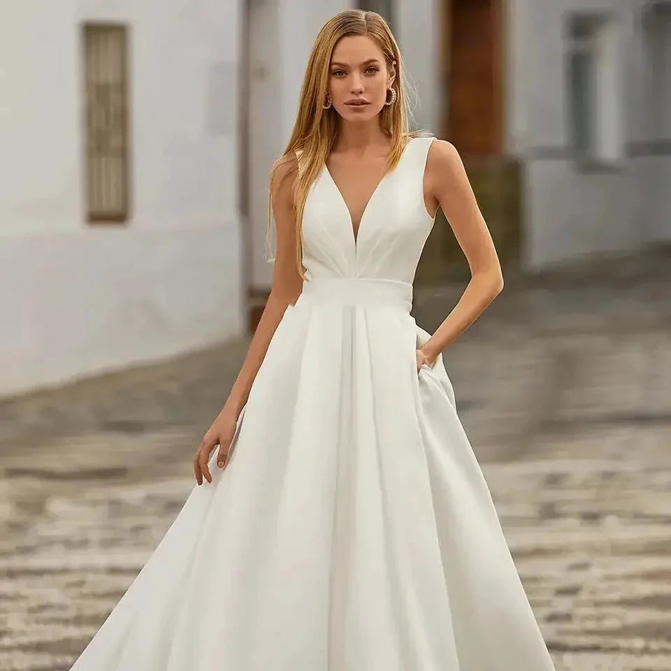 Custom Made Satin Wedding Dresses for Women Beach Boho Bride Gowns Simple Plus Size V-neck Princess Party Dress Pockates by payinti