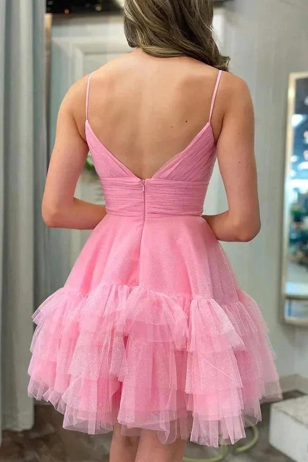 Cute A-Line Spaghetti Straps Pink Tulle Homecoming Party Dress PD481 by pgmdress