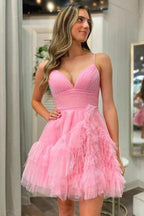 Cute A-Line Spaghetti Straps Pink Tulle Homecoming Party Dress PD481 by pgmdress