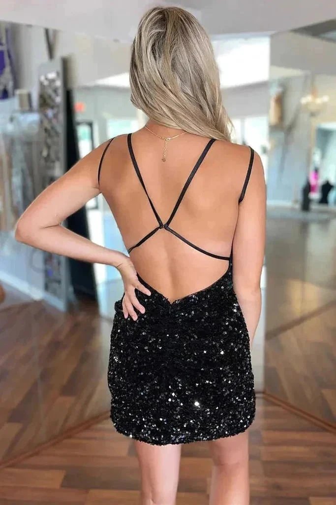 Cute Black V Neck Backless Sequins Tight Homecoming Dresses PD486 by pgmdress