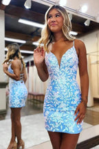 Cute Bodycon V Neck Blue Lace Tight Homecoming Dresses PD484 by pgmdress