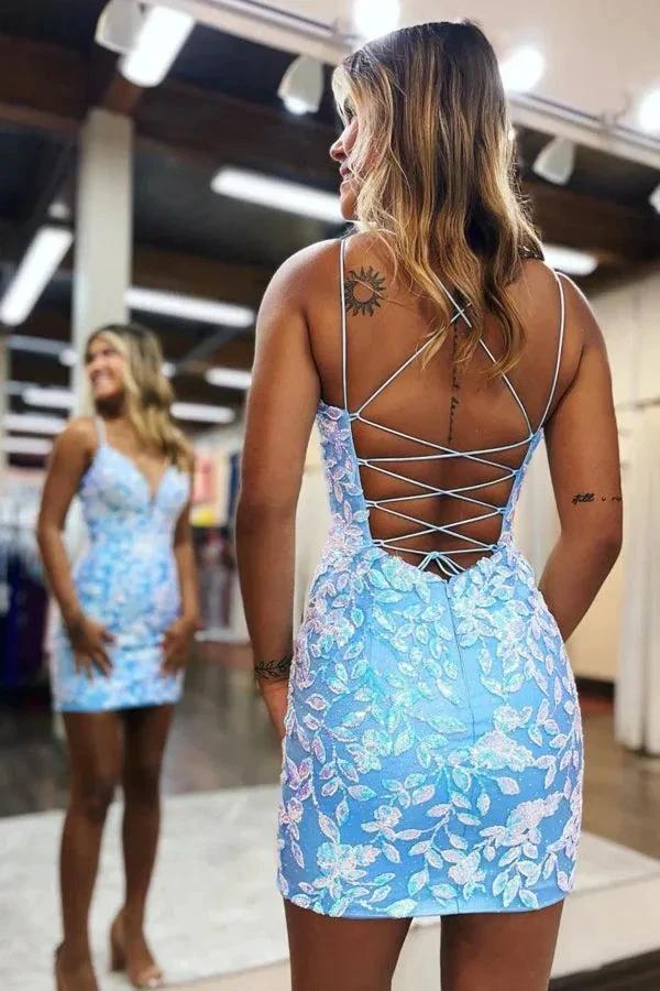 Cute Bodycon V Neck Blue Lace Tight Homecoming Dresses PD484 by pgmdress