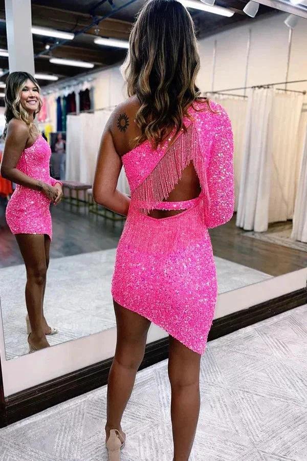 Cute Spakrly One Shoulder Sequins Pink Homecoming Dresses PD567 by pgmdress