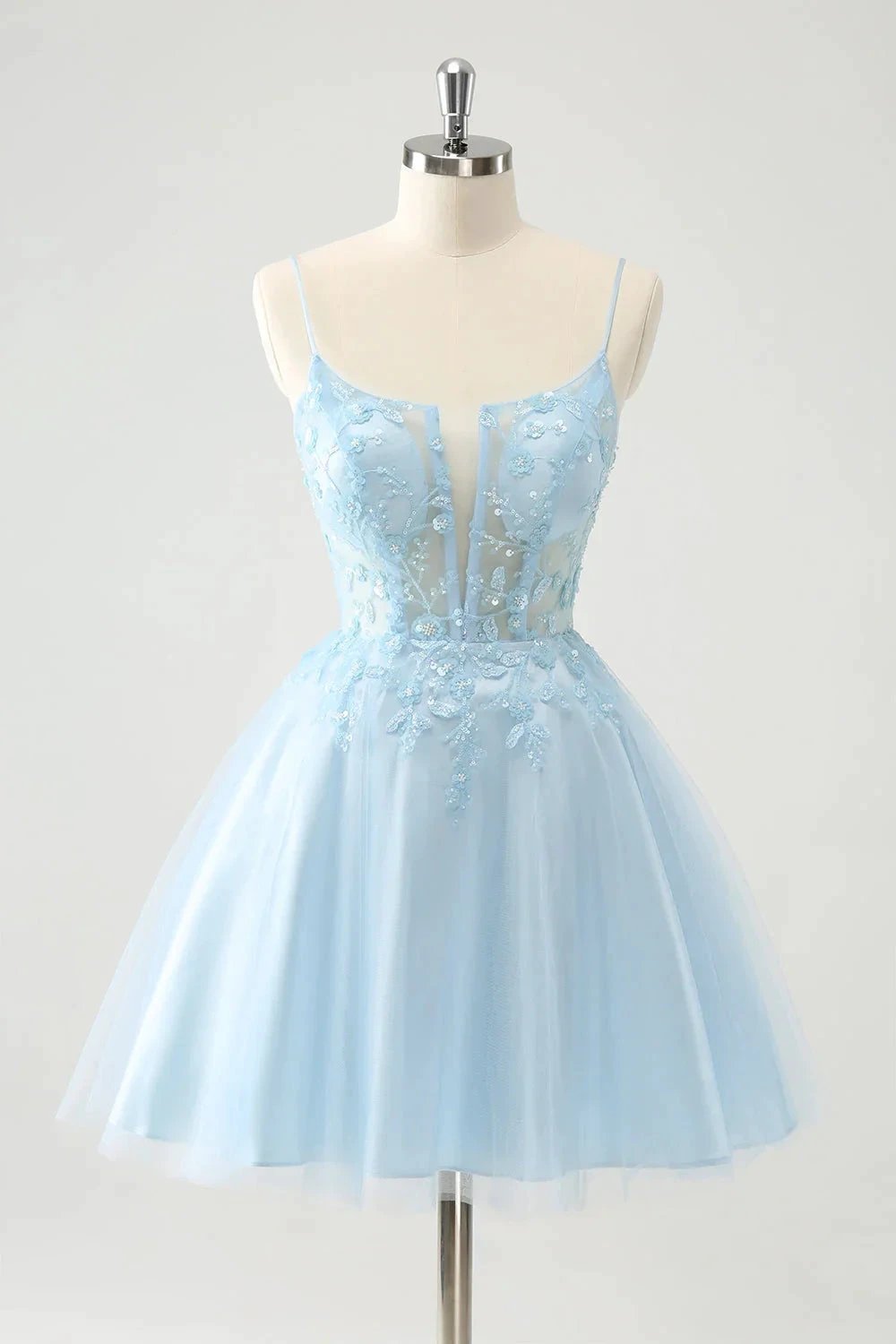 Cute A Line Spaghetti Straps Corset Short Blush Homecoming Dress with Appliques by WEDTREND