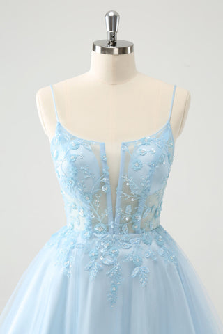 Cute Blush A Line Spaghetti Straps Corset Short Homecoming Dress with Appliques