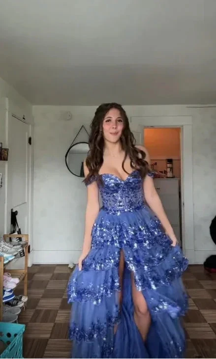 Sparkly Blue Tulle Sequins Layered Evening Dress Formal Slit Prom Dress Y7961 by simplepromdress