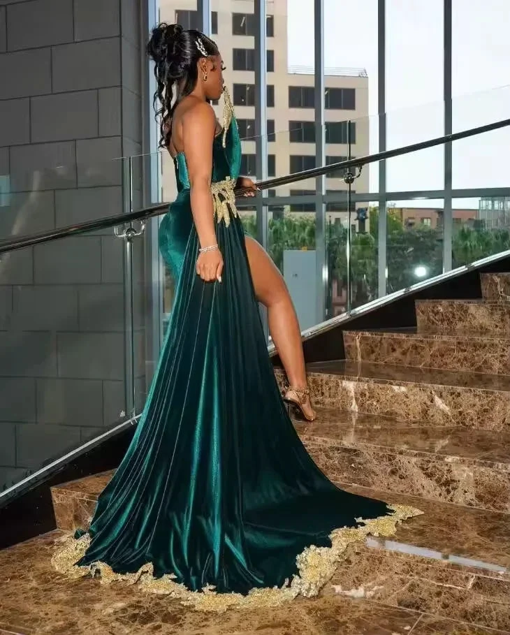 Sexy Green Velvet Prom Evening Dress Gold Applique Beaded Slit Black Girl Birthday Gown Y8122 by simplepromdress