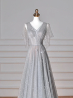 Sparkly Gray Tulle Sequins A Line Prom Dress Sexy V Neck Evening Dress Y8638 by simplepromdress