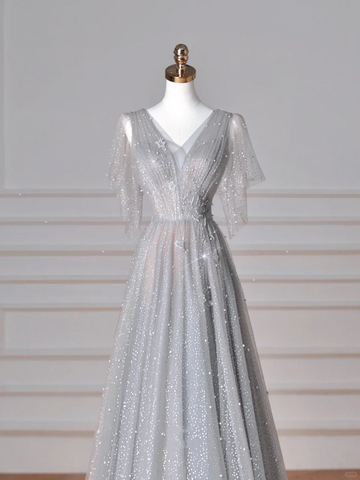 Sparkly Gray Tulle Sequins A Line Prom Dress Sexy V Neck Evening Dress Y8638