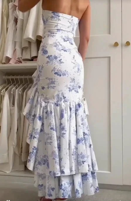 Pretty Strapless Mermaid Evening Dress SAtin Print Floral Ruffless Party Prom Dress Y7998 by simplepromdress