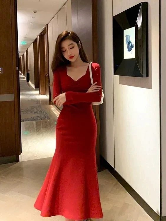 Red Long Sleeves Mermaid Evening Dresses Prom Gown Party Gowns Y5618 by simplepromdress