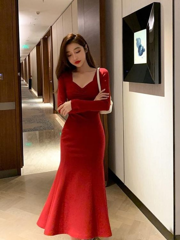 Rote lange Ärmel Meerjungfrau Abendkleider Abendkleid Partykleider Y5618