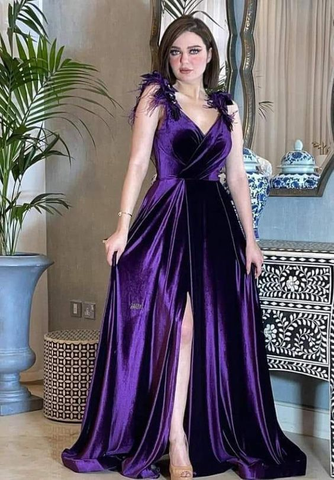 Sexy Purple Velvet A-line Prom Dress Purple Evening Gown Y5802