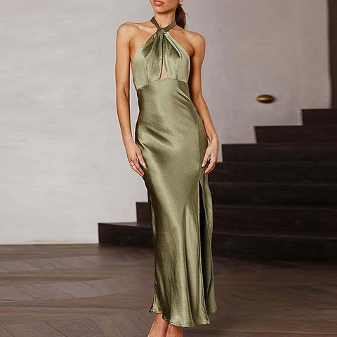 Sexy Olive Green Backless Evening Dress Olive Green Gala Dress Y7400