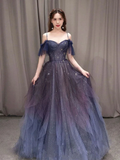 Dark starry sky purple tulle long prom dress purple evening dress Y5847 by simplepromdress
