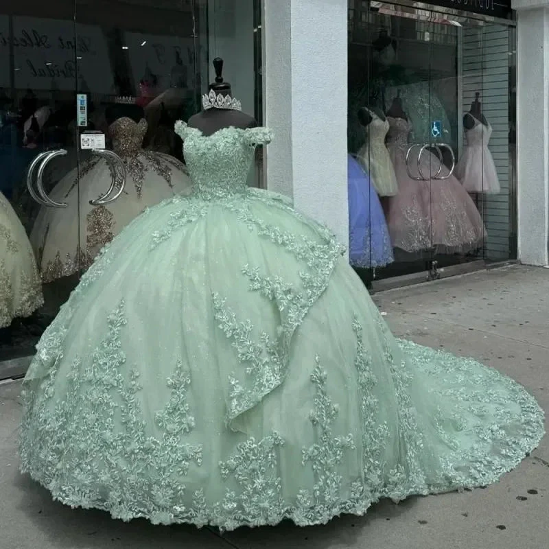 Luxury Mint Green Off The Shoulder Quinceanera Dress Tulle Applique Beading Tiered Bow Birthday Ball Gown Y8125 by simplepromdress