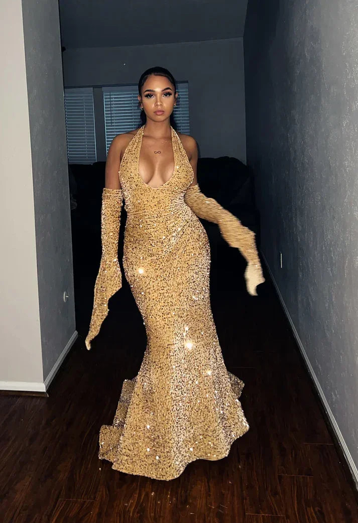 Black Girl Sexy Halter Sequin Red Prom Dress Long Mermaid Evening Dress Y7822