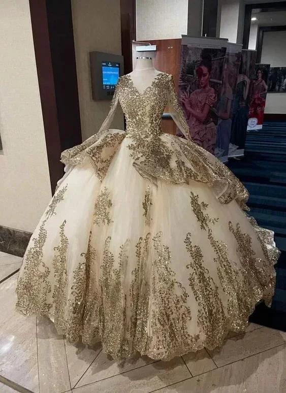 Luxurious Glitter Long Sleeve Dresses Romantic Appliqued Tulle Ball Gowns Y443 by simplepromdress