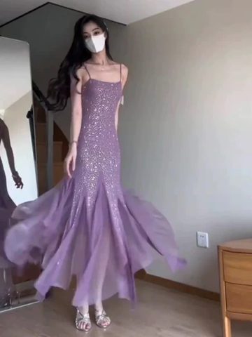 Sexy Mermaid Spaghetti Straps Purple Chiffon Beaded Evening Dress Prom Dress Y7812