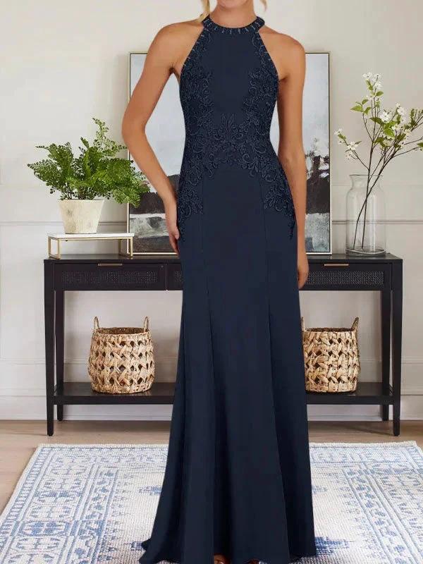 Dusty Blue Sheath Halter Long Mother of Bride Dress With Appliques by Dreamylily