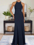 Dusty Blue Sheath Halter Long Mother of Bride Dress With Appliques by Dreamylily