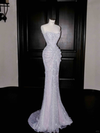 Sparkly Lilac Tulle Beaded Prom Dress Strapless Mermaid Evening Dress Y8664