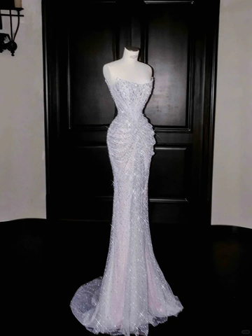 Sparkly Lilac Tulle Beaded Prom Dress Strapless Mermaid Evening Dress Y8664 by simplepromdress
