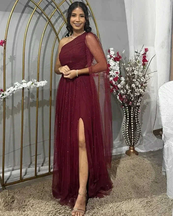 Pretty Burgundy One Shoulder Tulle Sequins Evening Gown Slit Prom Dress Y7826 by simplepromdress
