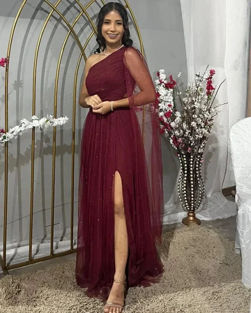 Pretty Burgundy One Shoulder Tulle Sequins Evening Gown Slit Prom Dress Y7826 by simplepromdress