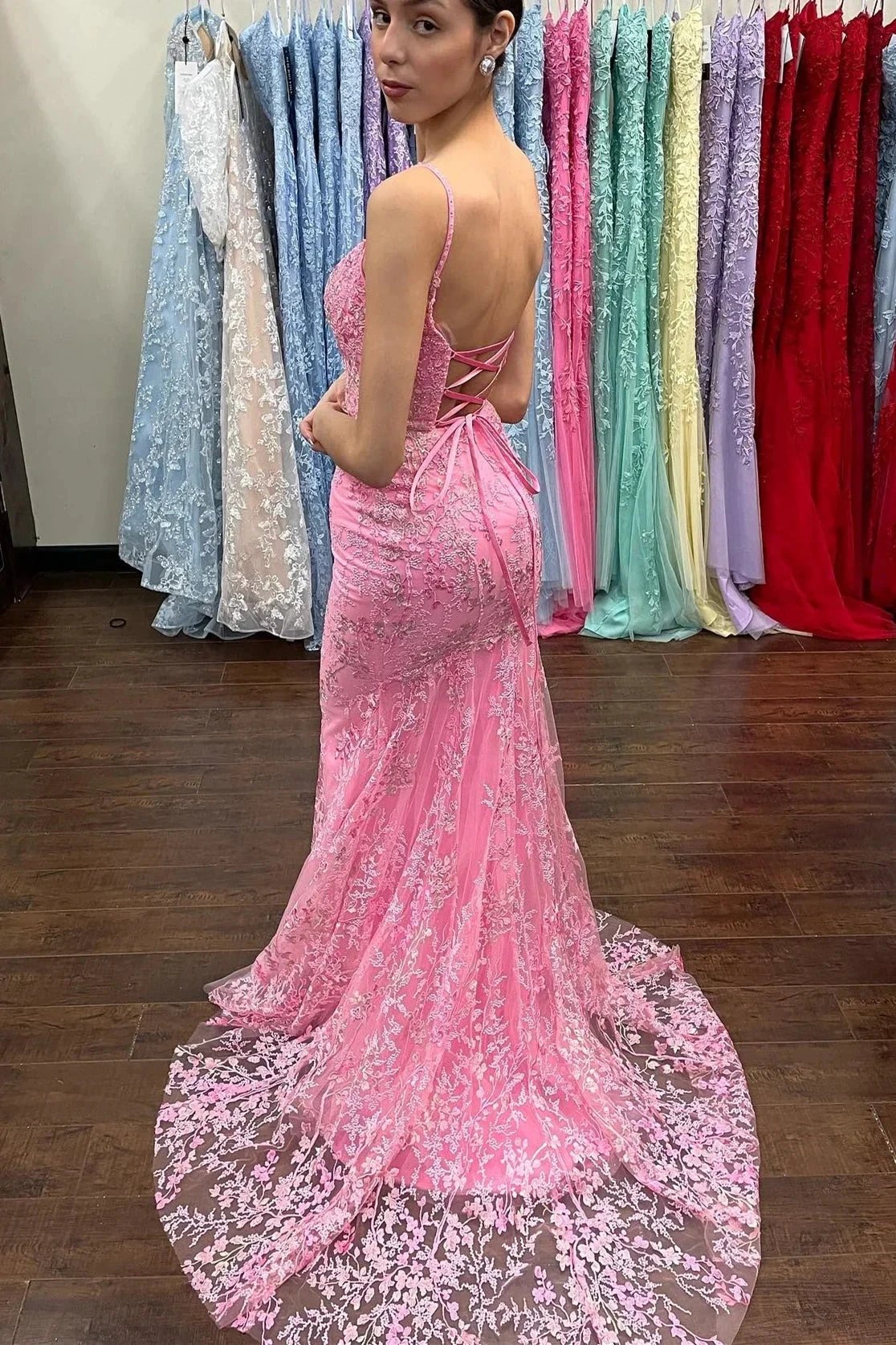 Azariah | Mermaid Pink Lace Appliques Long Prom Dress by KissProm