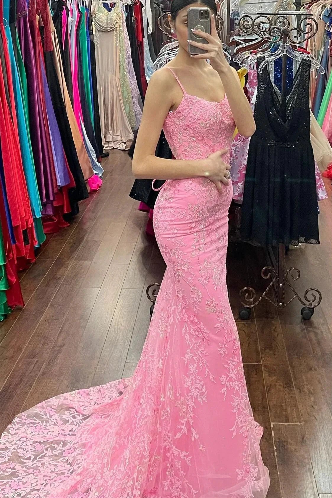 Azariah | Mermaid Pink Lace Appliques Long Prom Dress by KissProm