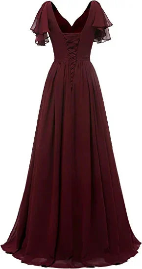 Leaf Sleeve Bridesmaid Dress V Neck Chiffon Long Formal Wedding Evening Dress Y1206