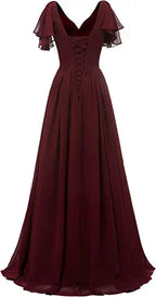 Leaf Sleeve Bridesmaid Dress V Neck Chiffon Long Formal Wedding Evening Dress Y1206