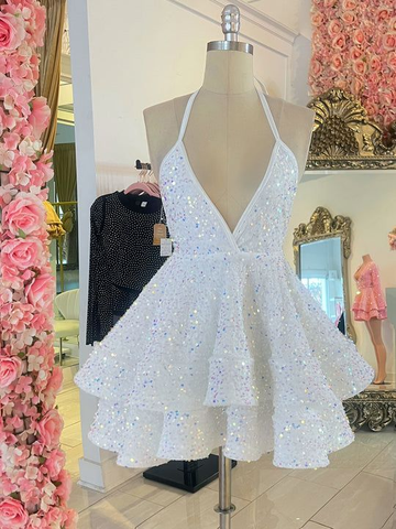 Cute A-line White Sequins Homecoming Dress White Party Dress Y2154