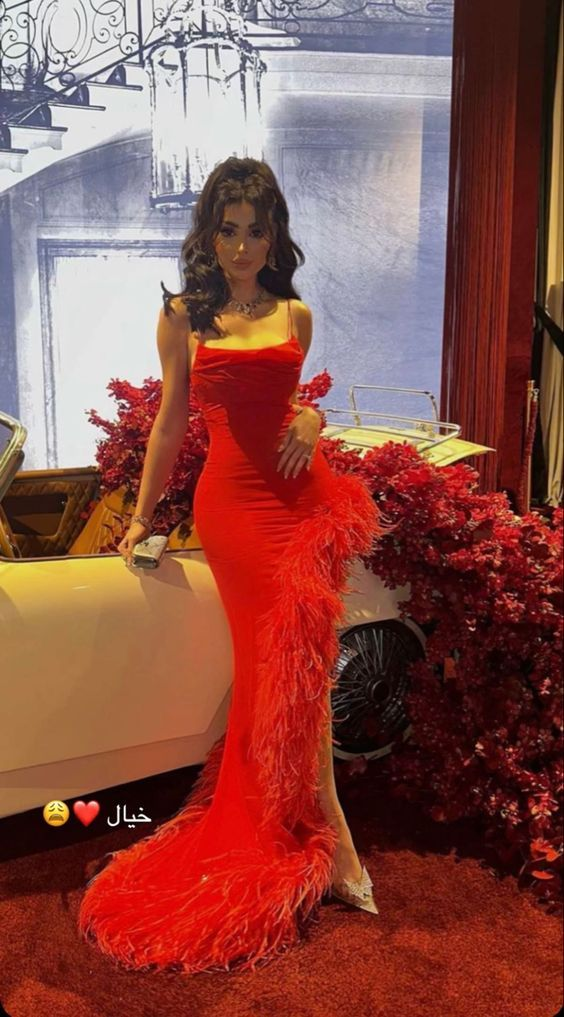 Sexy Mermaid Straps Red Prom Dress With Feathers,Long Evening Dress Y7901 Main Image