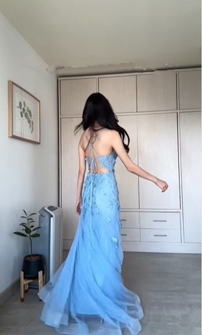 Classy Blue Tulle Appliques Mermaid Evening Dress Long Prom Dress Y8156