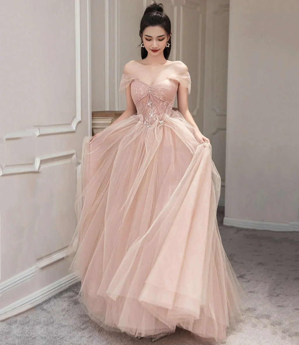 Pink Tulle Long Prom Dress Pink Evening Dress Y1825 by simplepromdress