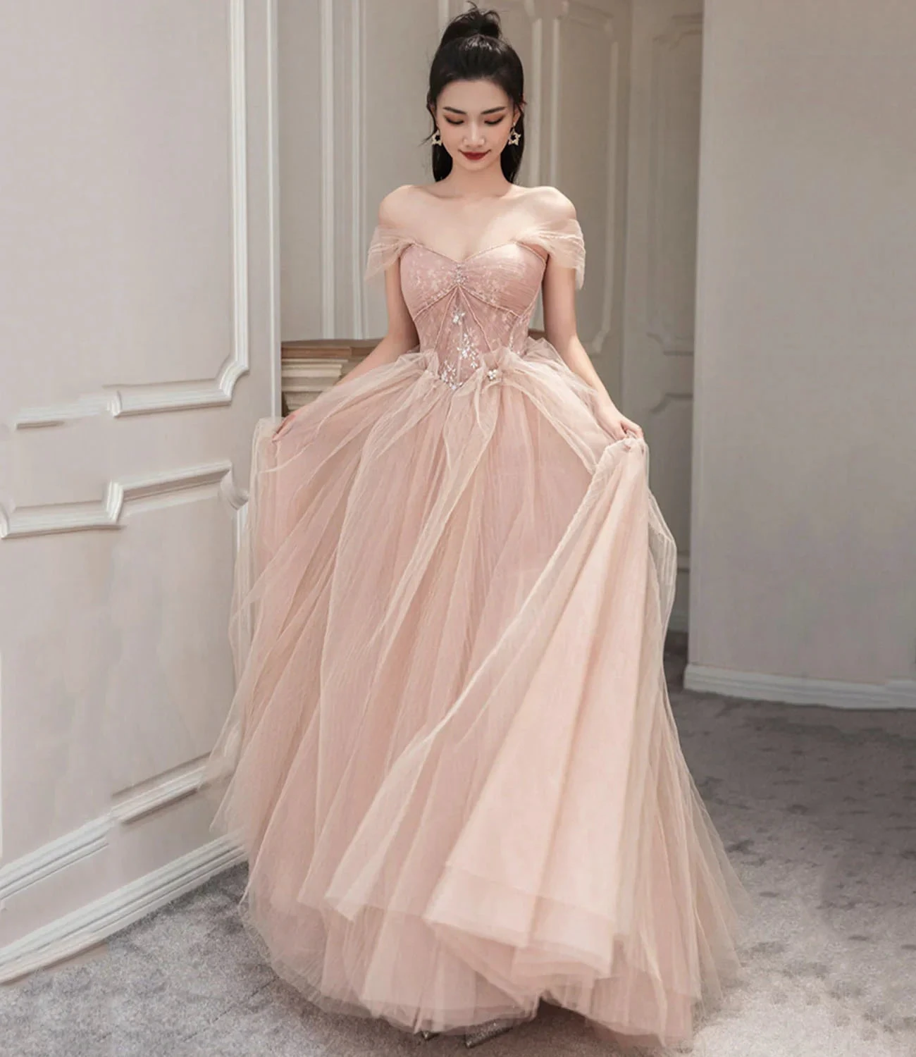 Pink Tulle Long Prom Dress Pink Evening Dress Y1825 by simplepromdress
