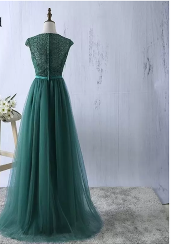 Grünes Tüll-Spitzentop mit Rundhalsausschnitt, lange Abendkleider, schlichtes Abendkleid S6796