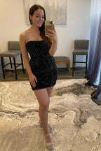 Beautiful Black Strapless Sequins Short Homecoming Dresses by Ombreprom