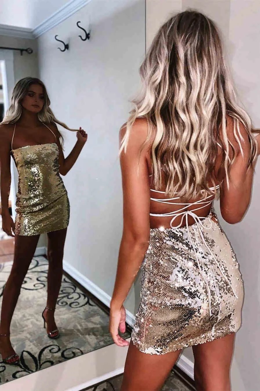 Sexy Sparkling Sequins Spaghetti Strap Short Prom Dresses Homecoming Dresses by Ombreprom