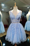 Blue Sleeveless Rolled Lace V-Neck Short Prom Dresses Homecoming Dresses by Ombreprom
