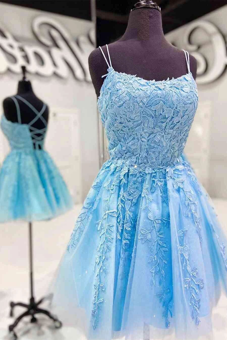 Blue A-line Spaghetti Straps Lace Short Prom Dresses Homecoming Dresses by Ombreprom
