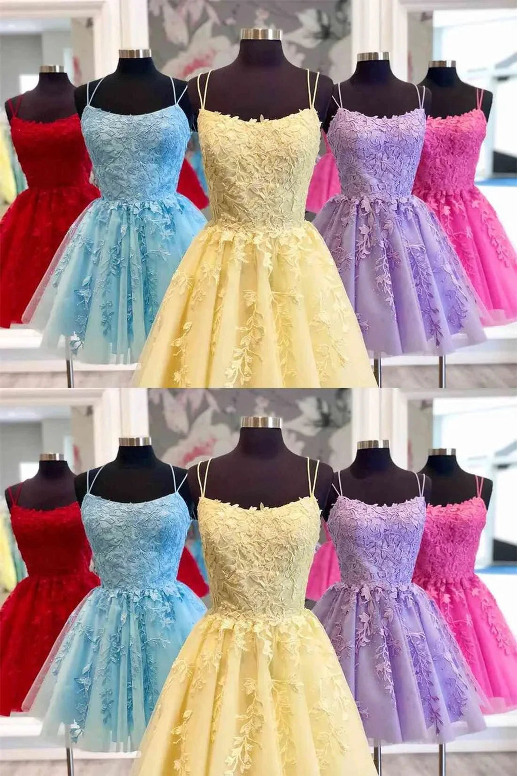 Blue A-line Spaghetti Straps Lace Short Prom Dresses Homecoming Dresses by Ombreprom